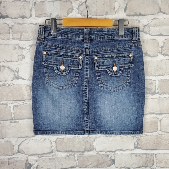 Denim Mini  Skirt Junior 5 Flap Pocket no boundaries Stretch Festival Rodeo - Picture 8 of 11